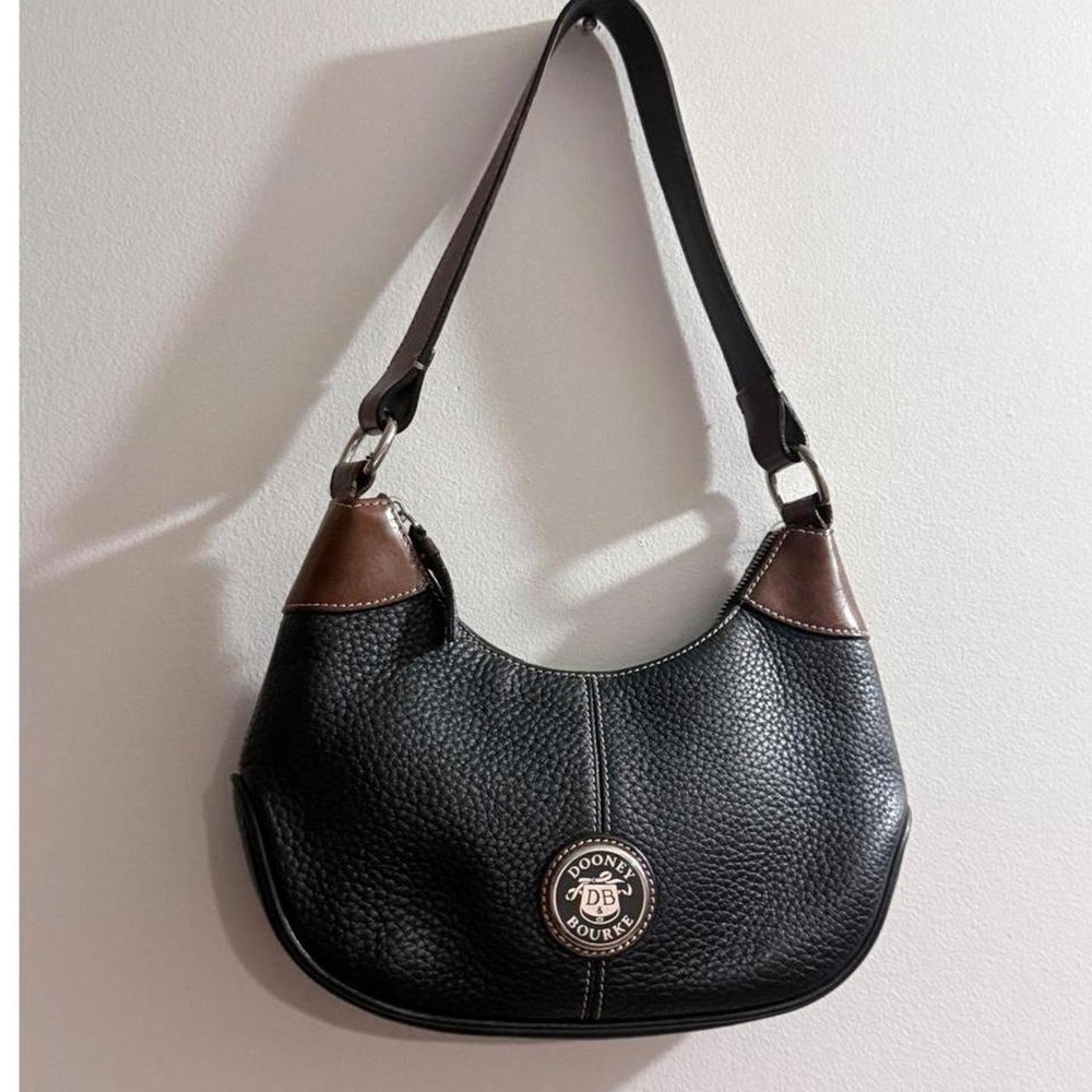 Dooney & Bourke Black Pebbled Leather Hobo Shoulder Bag with Brown Trim